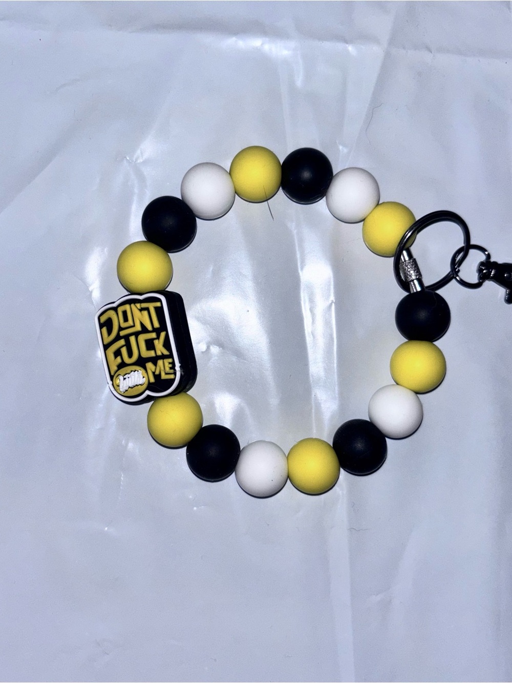 Beaded Bracelet Wristlet with Bold Silicone Charm in Yellow, Black & White